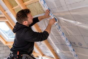 Isolatiemonteur plakt de naden van een dampremmende folie af bij het isoleren van een schuin dak